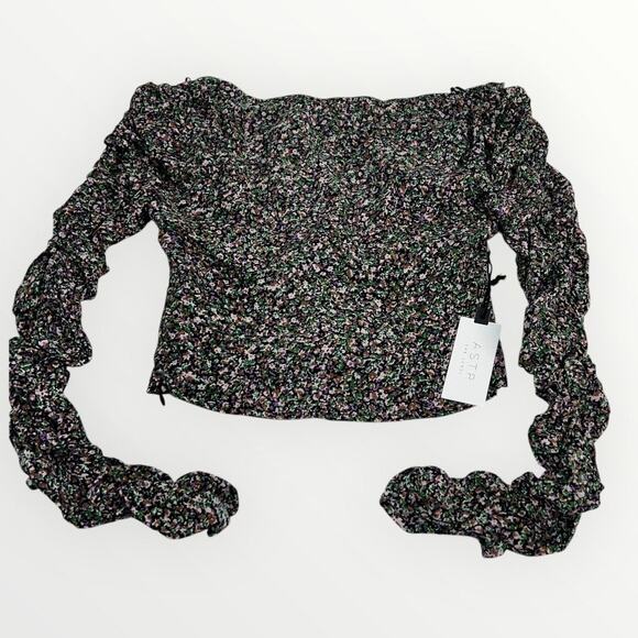 ASTR The Label Livie Floral Ruched Smocked Sleeve Top Sweetheart Neck SZ XS NWT - Picture 11 of 12